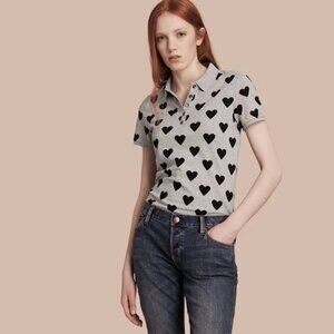 Burberry Brit Gray Heart Print Stretch Cotton Pique Polo Shirt Size Small